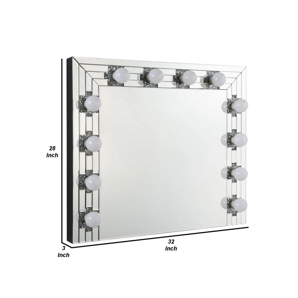 Zaff 32 Inch Modern Glam Lighted Mirror, 12 Sockets, Faux Diamonds, Silver - BM274650