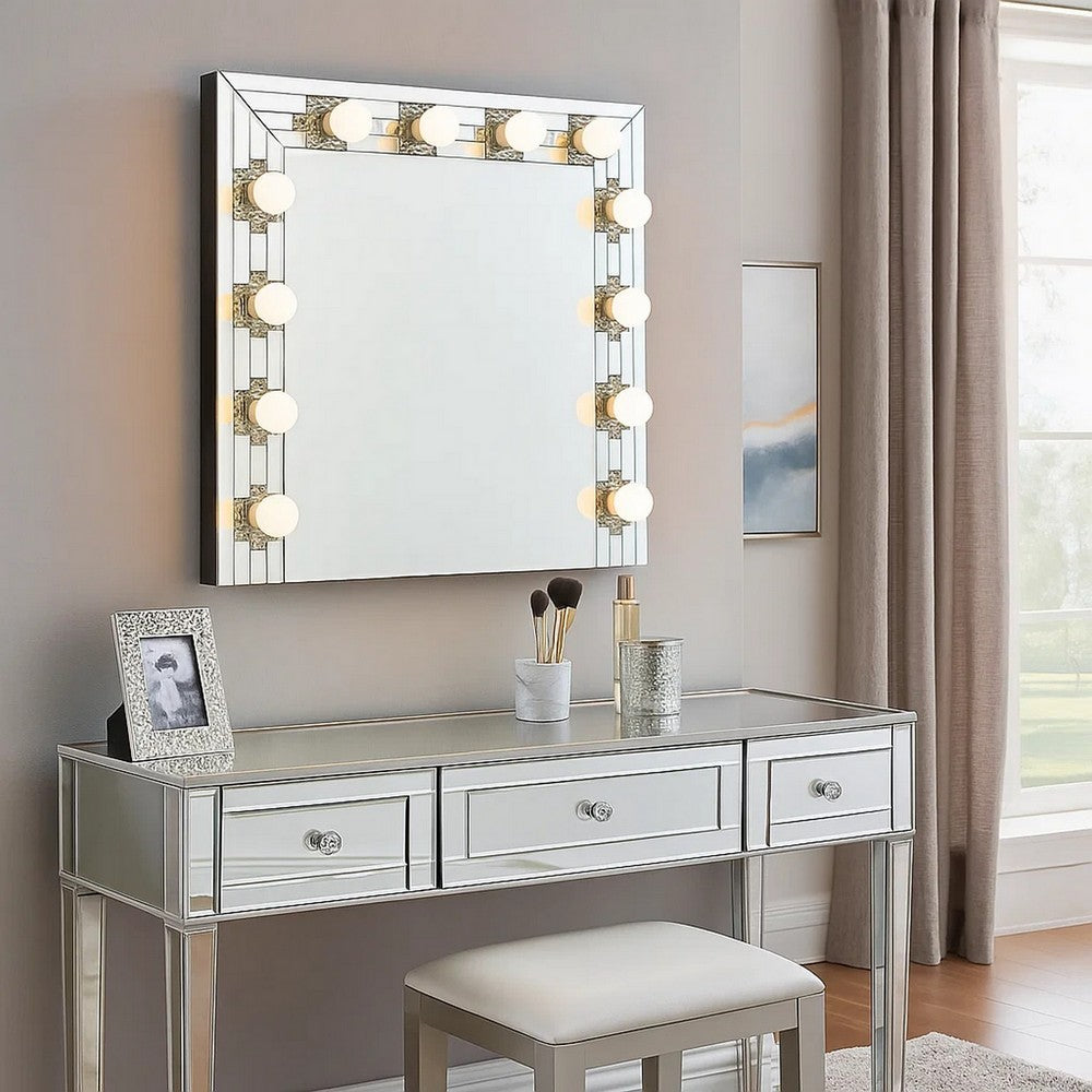 Zaff 32 Inch Modern Glam Lighted Mirror, 12 Sockets, Faux Diamonds, Silver - BM274650