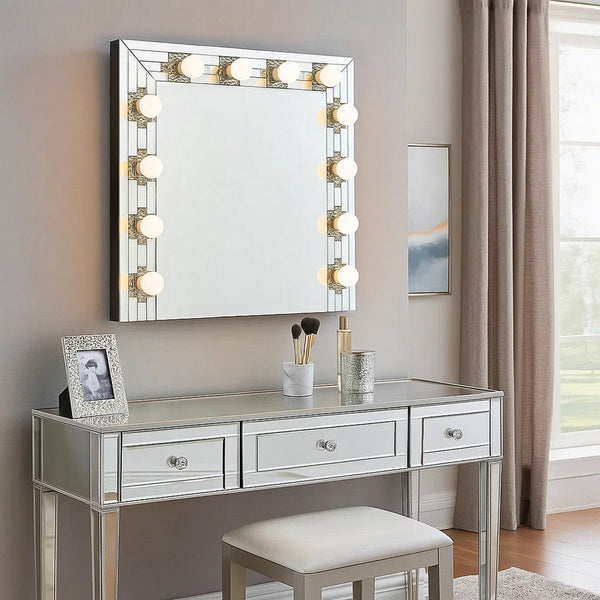 Zaff 32 Inch Modern Glam Lighted Mirror, 12 Sockets, Faux Diamonds, Silver - BM274650