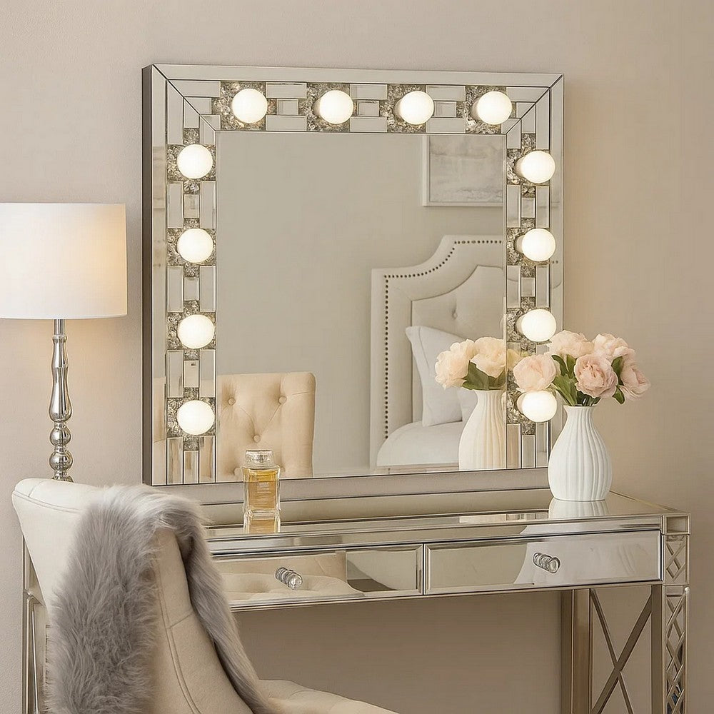 Zaff 32 Inch Modern Glam Lighted Mirror, 12 Sockets, Faux Diamonds, Silver - BM274650