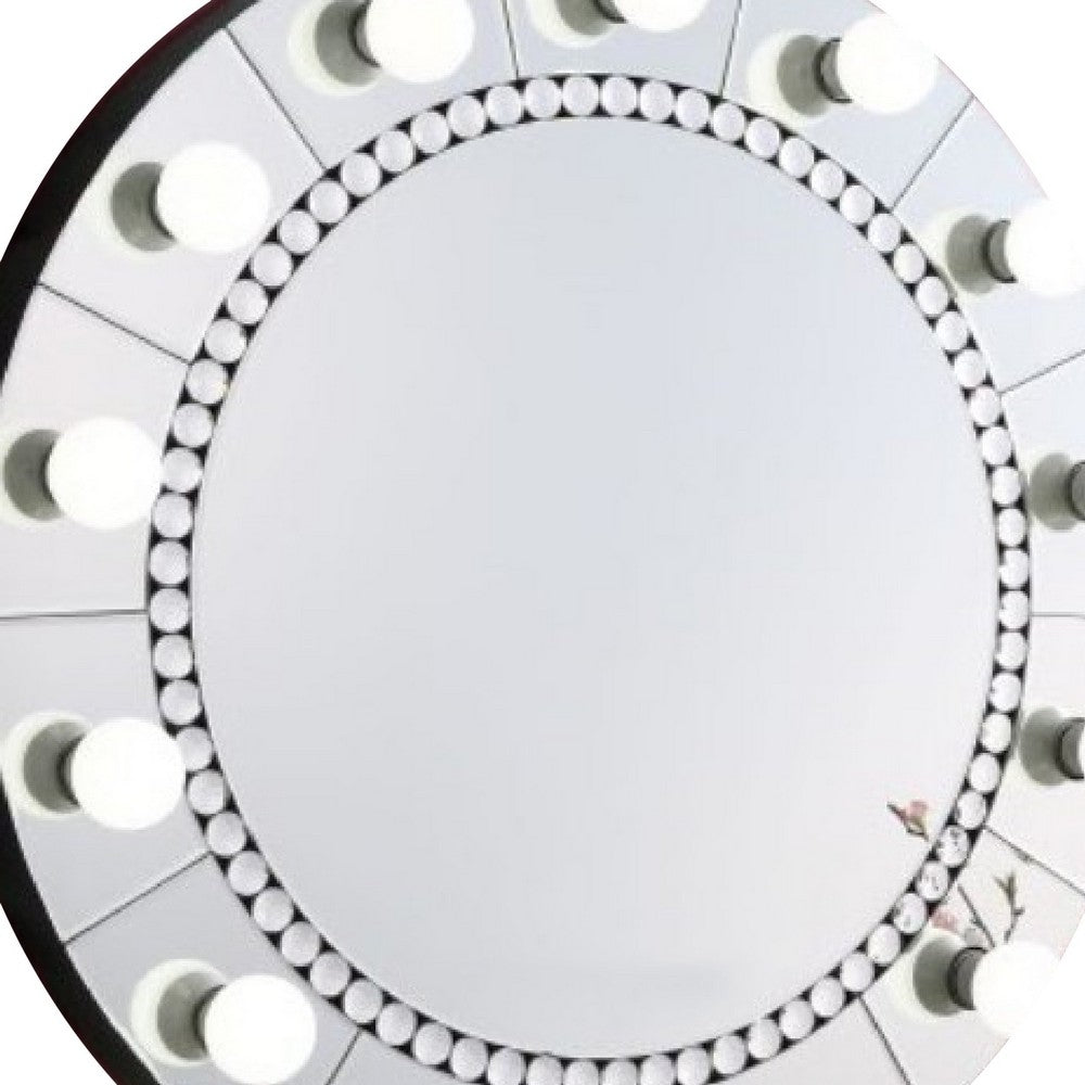 Rose 32 Inch Round Lighted Mirror, 11 Bulb Sockets, Faux Diamonds, Silver - BM274652