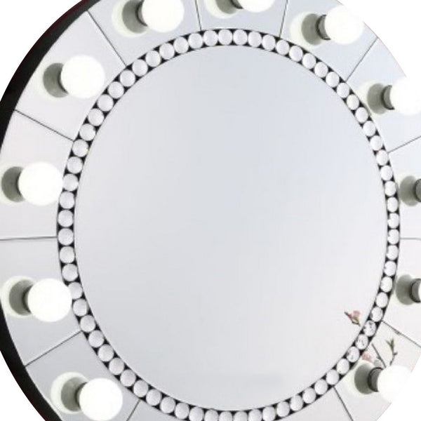 Rose 32 Inch Round Lighted Mirror, 11 Bulb Sockets, Faux Diamonds, Silver - BM274652