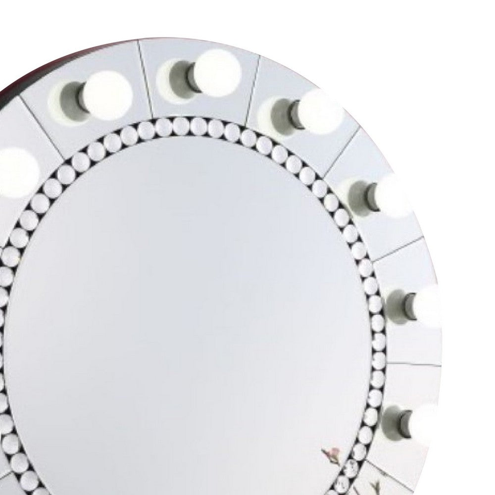 Rose 32 Inch Round Lighted Mirror, 11 Bulb Sockets, Faux Diamonds, Silver - BM274652