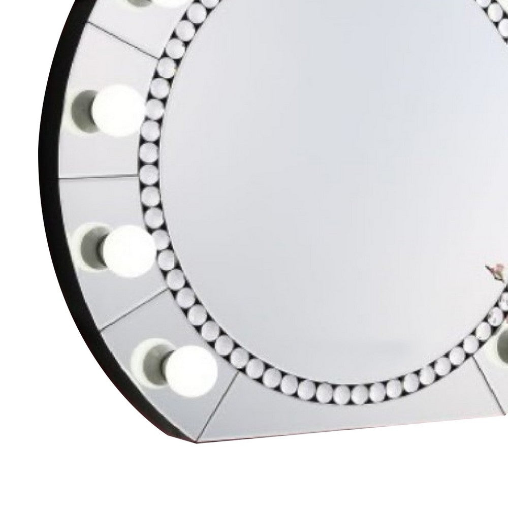 Rose 32 Inch Round Lighted Mirror, 11 Bulb Sockets, Faux Diamonds, Silver - BM274652