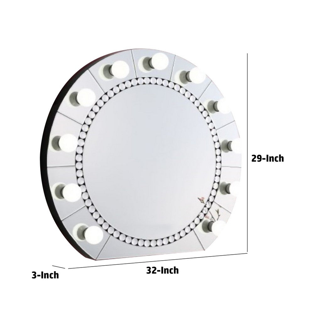 Rose 32 Inch Round Lighted Mirror, 11 Bulb Sockets, Faux Diamonds, Silver - BM274652