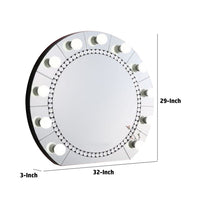 Rose 32 Inch Round Lighted Mirror, 11 Bulb Sockets, Faux Diamonds, Silver - BM274652