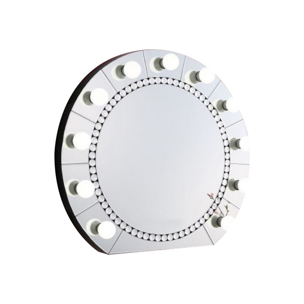 Rose 32 Inch Round Lighted Mirror, 11 Bulb Sockets, Faux Diamonds, Silver - BM274652