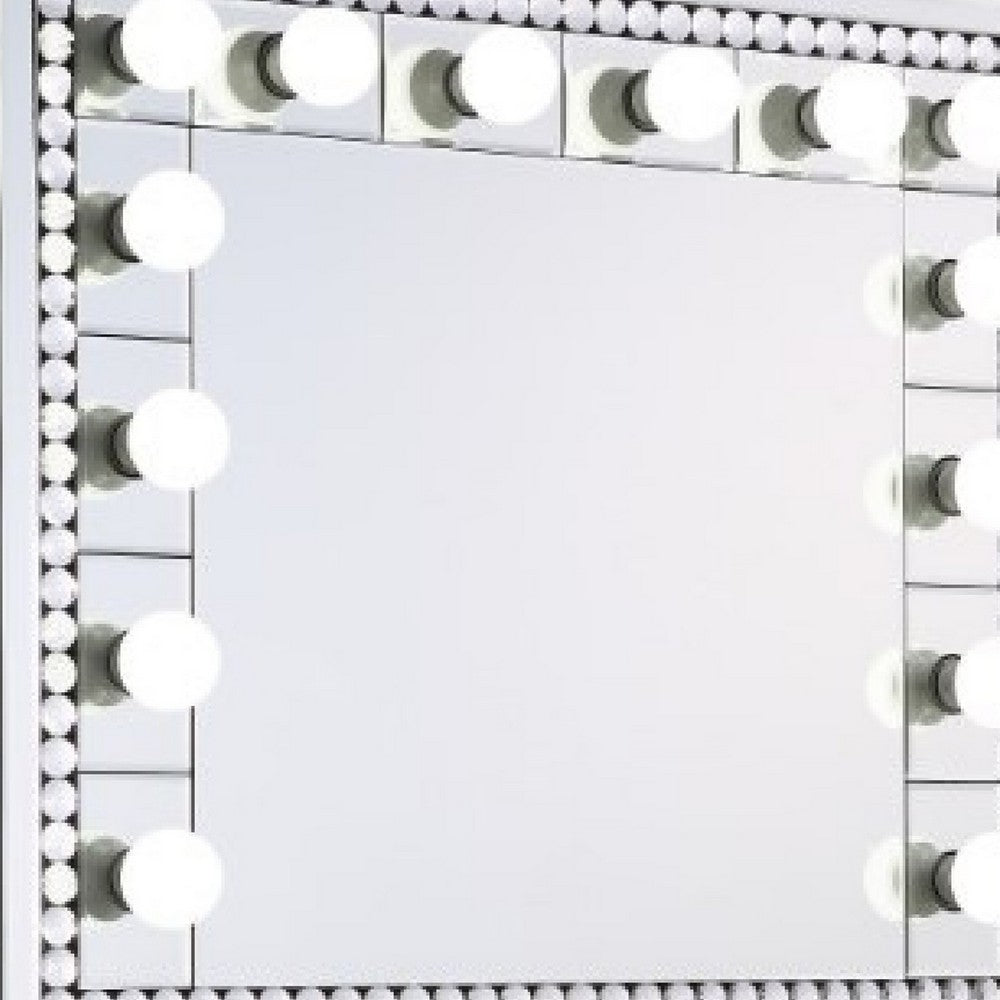 Rose 32 Inch Vanity Lighted Wall Mirror, 11 Bulbs, Faux Diamond, Silver - BM274653