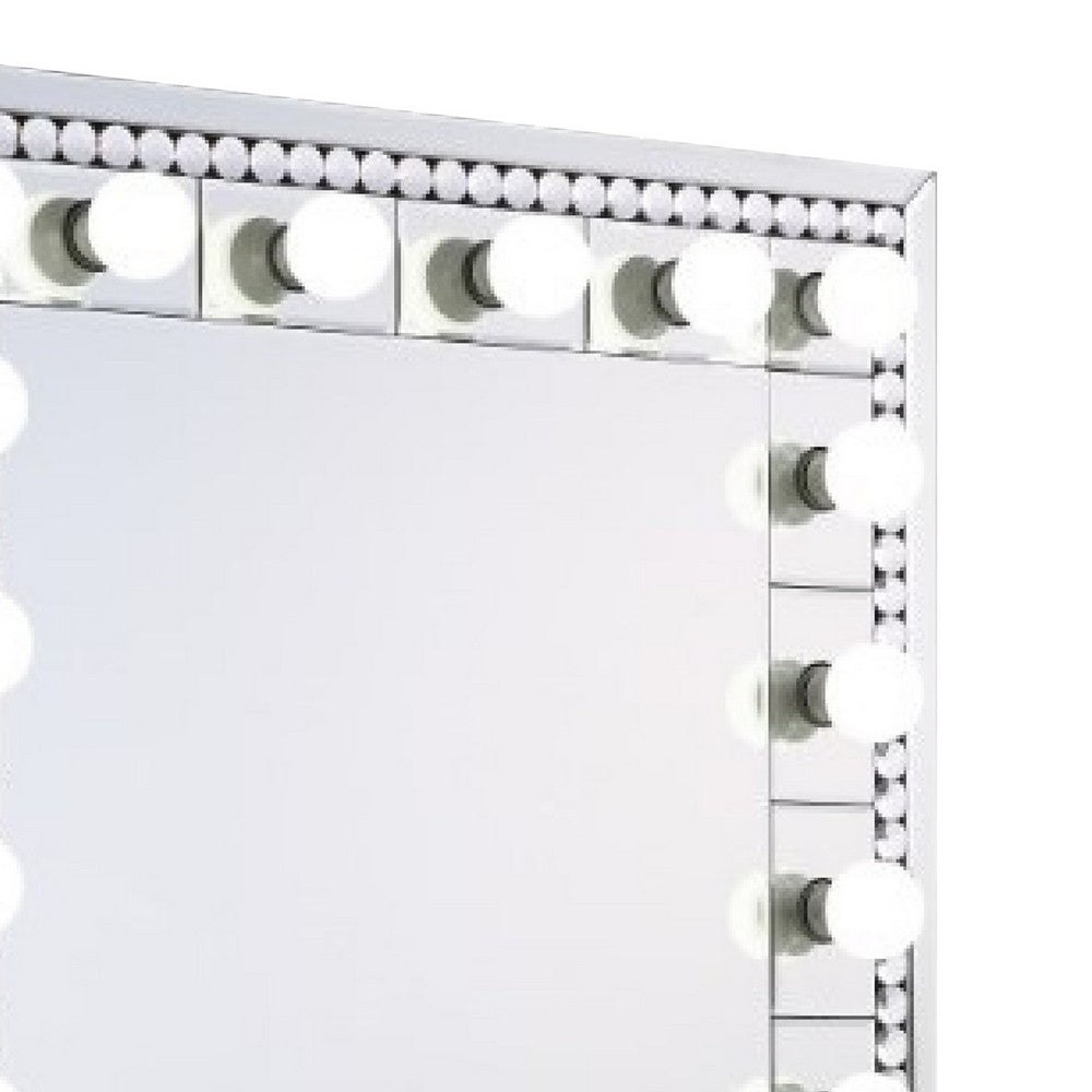 Rose 32 Inch Vanity Lighted Wall Mirror, 11 Bulbs, Faux Diamond, Silver - BM274653