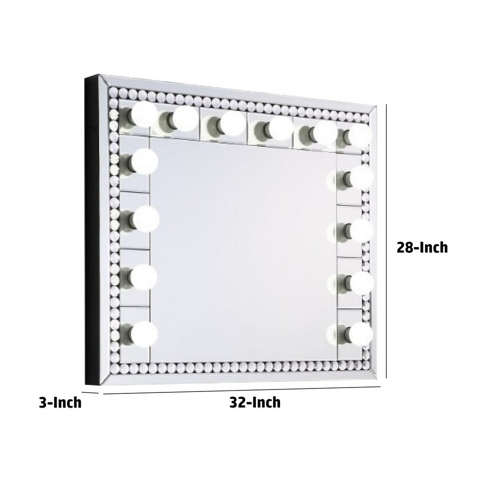 Rose 32 Inch Vanity Lighted Wall Mirror, 11 Bulbs, Faux Diamond, Silver - BM274653
