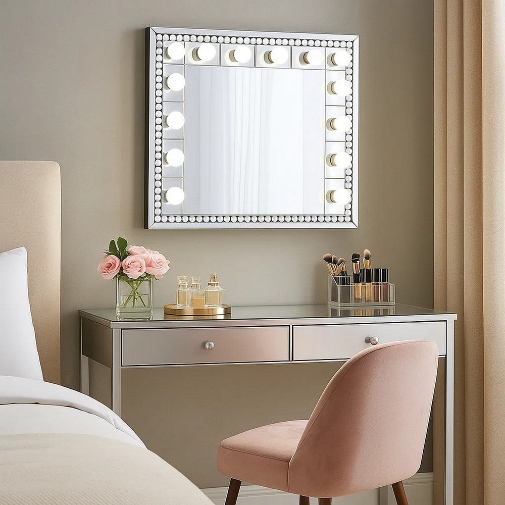 Rose 32 Inch Vanity Lighted Wall Mirror, 11 Bulbs, Faux Diamond, Silver - BM274653
