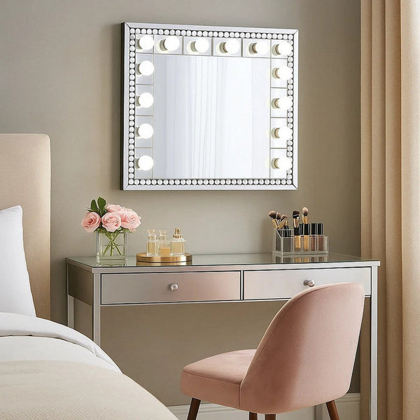 Rose 32 Inch Vanity Lighted Wall Mirror, 11 Bulbs, Faux Diamond, Silver - BM274653