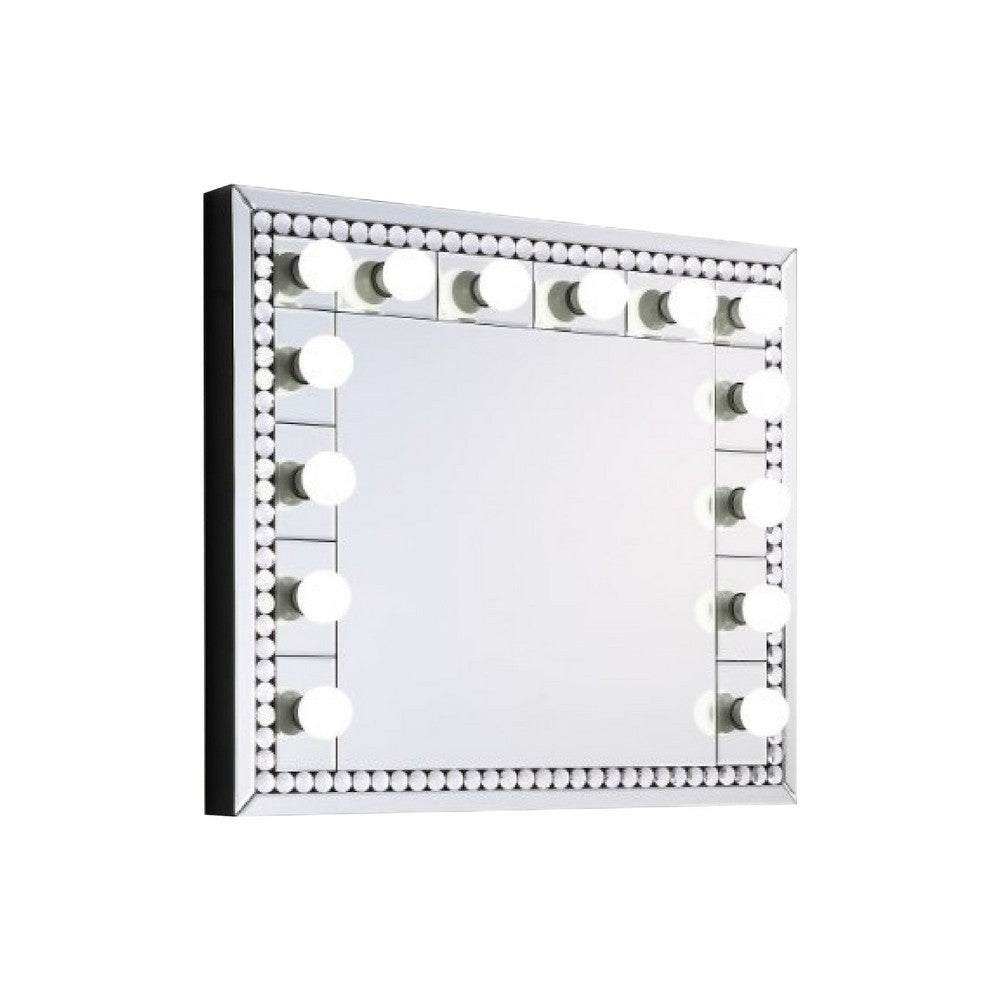 Rose 32 Inch Vanity Lighted Wall Mirror, 11 Bulbs, Faux Diamond, Silver - BM274653