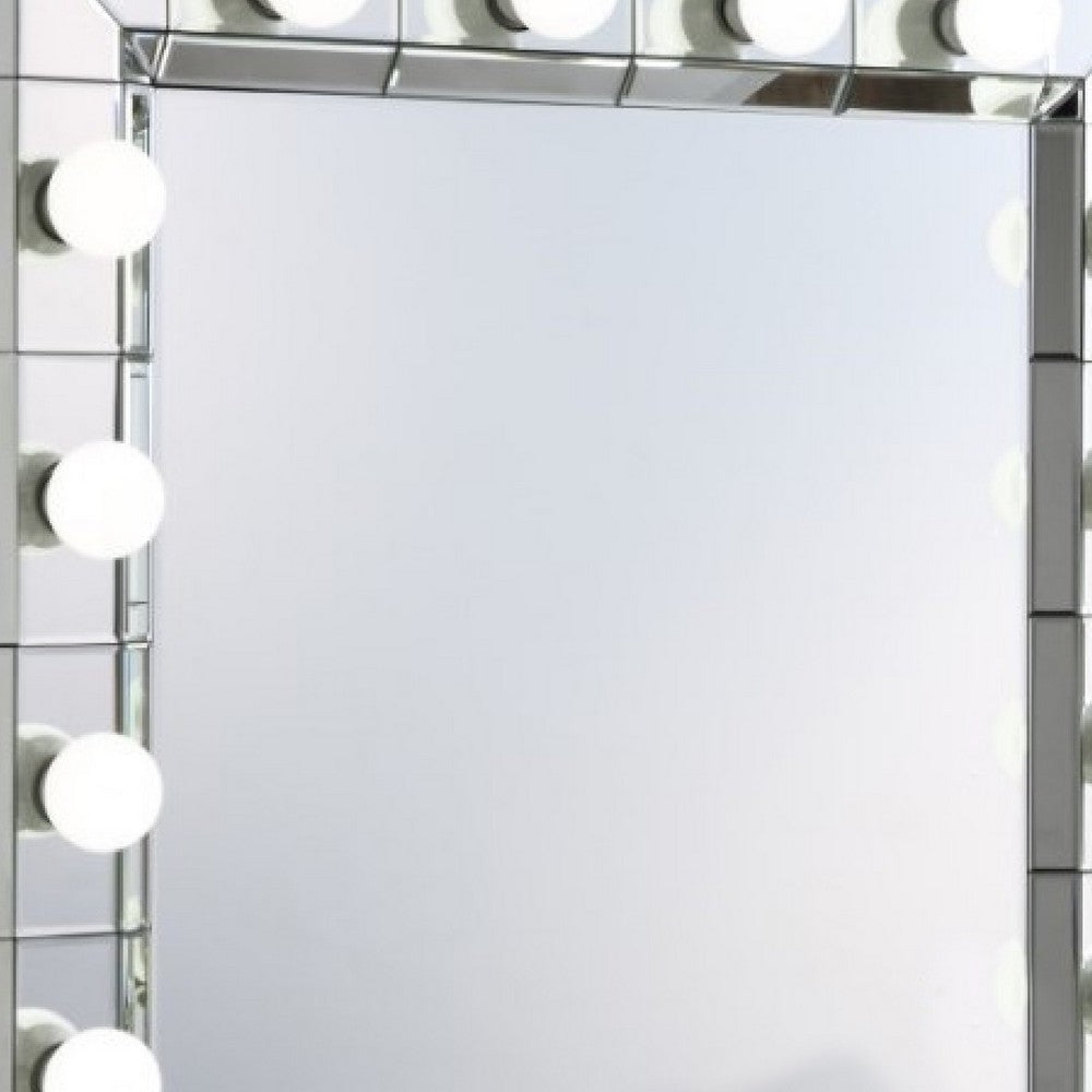 32 Inch Square Lighted Wall Mirror, 12 Bulb Sockets, Mirrored Frame, Silver - BM274654