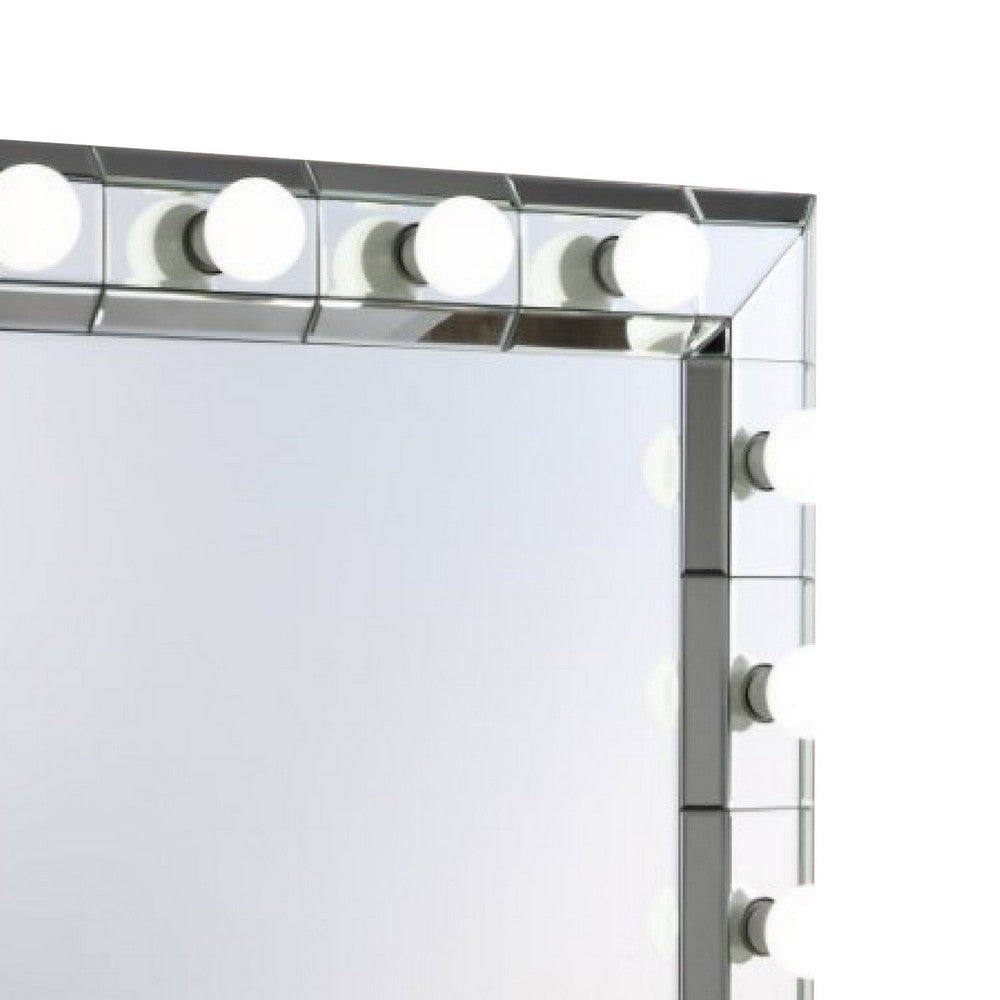 32 Inch Square Lighted Wall Mirror, 12 Bulb Sockets, Mirrored Frame, Silver - BM274654