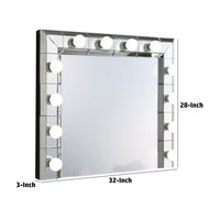 32 Inch Square Lighted Wall Mirror, 12 Bulb Sockets, Mirrored Frame, Silver - BM274654