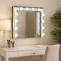 32 Inch Square Lighted Wall Mirror, 12 Bulb Sockets, Mirrored Frame, Silver - BM274654