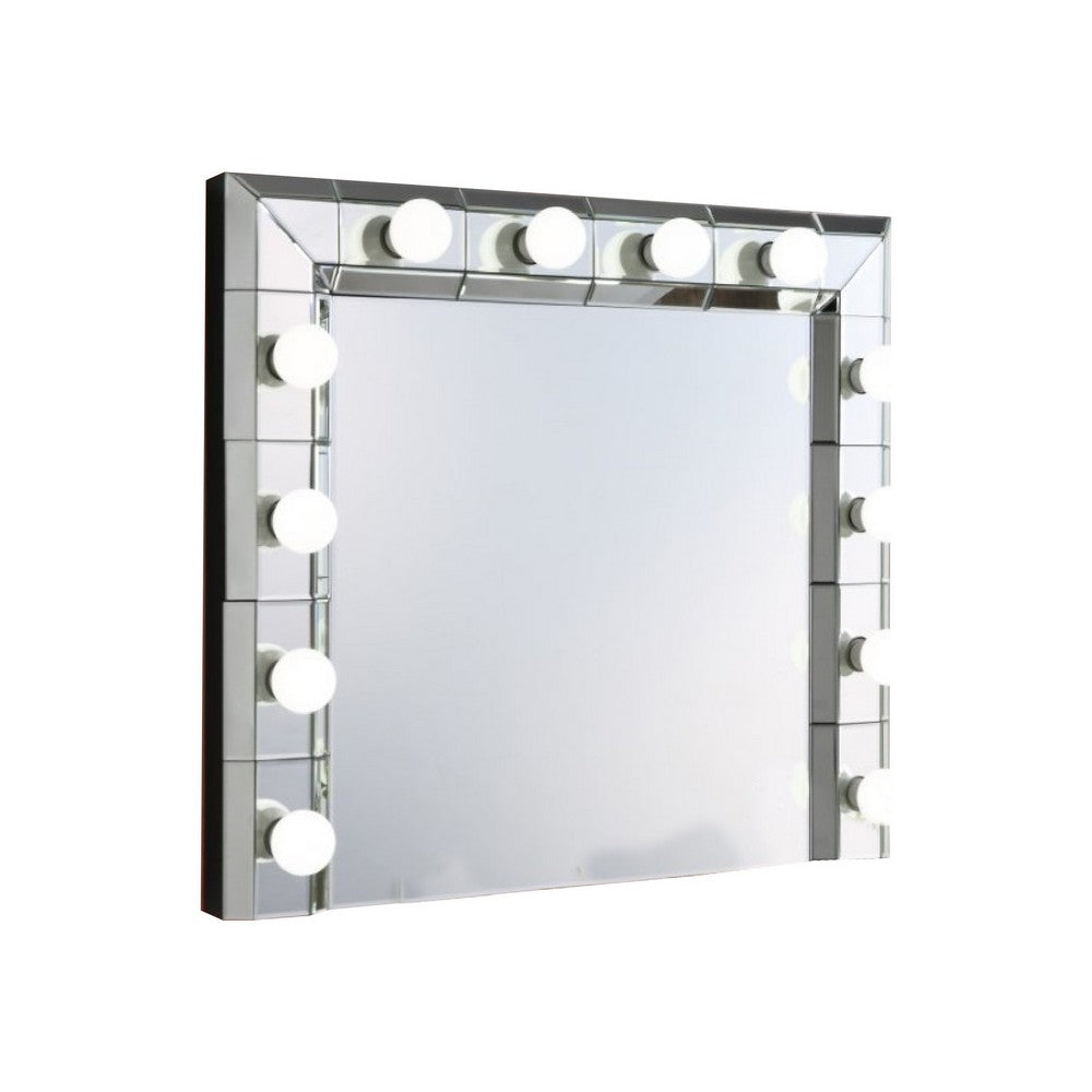 32 Inch Square Lighted Wall Mirror, 12 Bulb Sockets, Mirrored Frame, Silver - BM274654