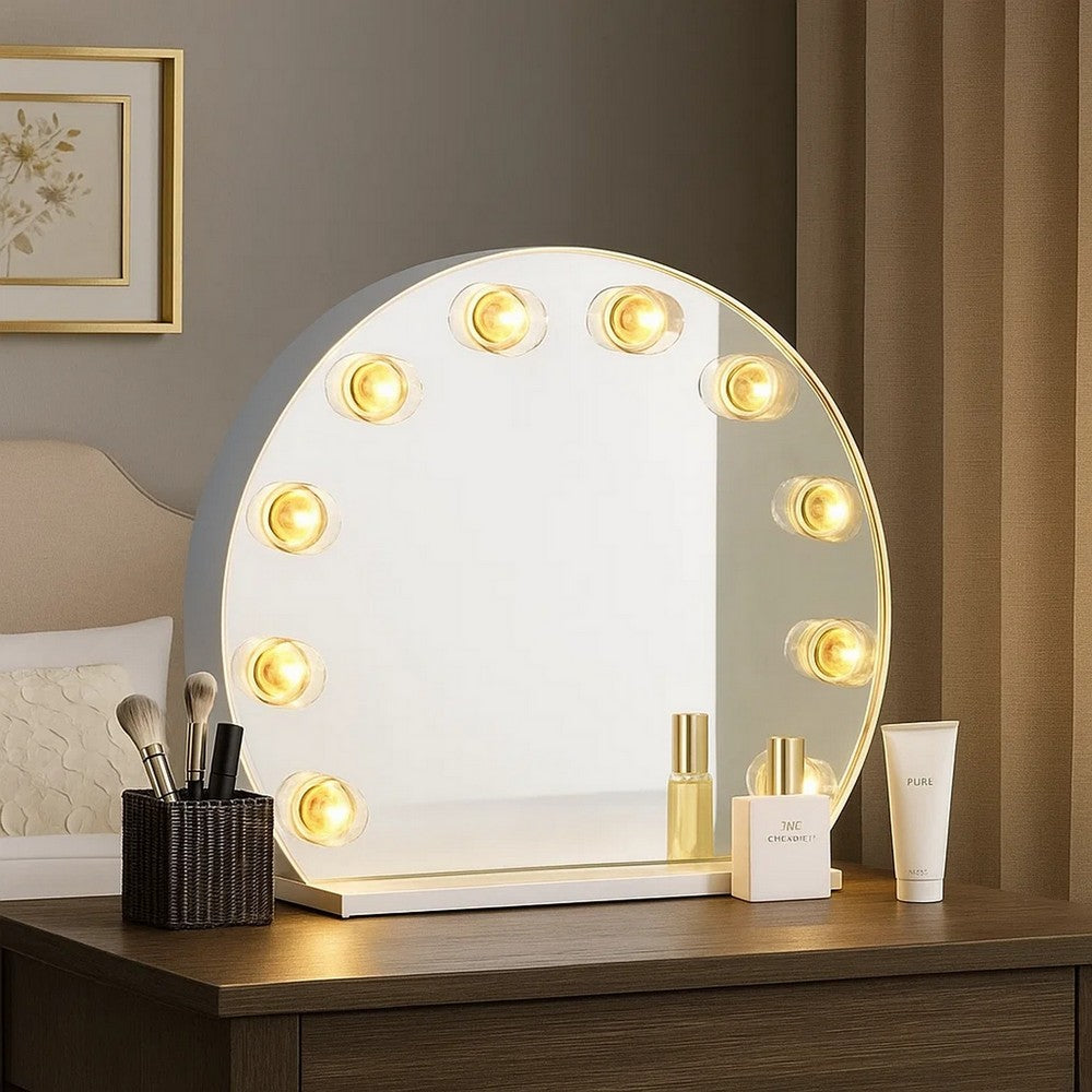18 Inch Modern Round Accent Mirror, 10 Bulb Sockets, Glass Panel, Silver - BM274655