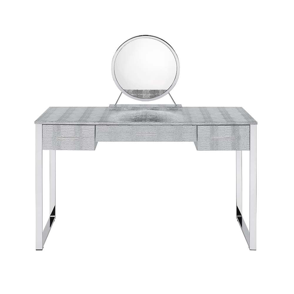 San 50 Inch Textured Vanity Desk with Round Mirror, Metal Sled Base, Chrome - BM274659