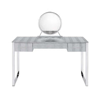 San 50 Inch Textured Vanity Desk with Round Mirror, Metal Sled Base, Chrome - BM274659