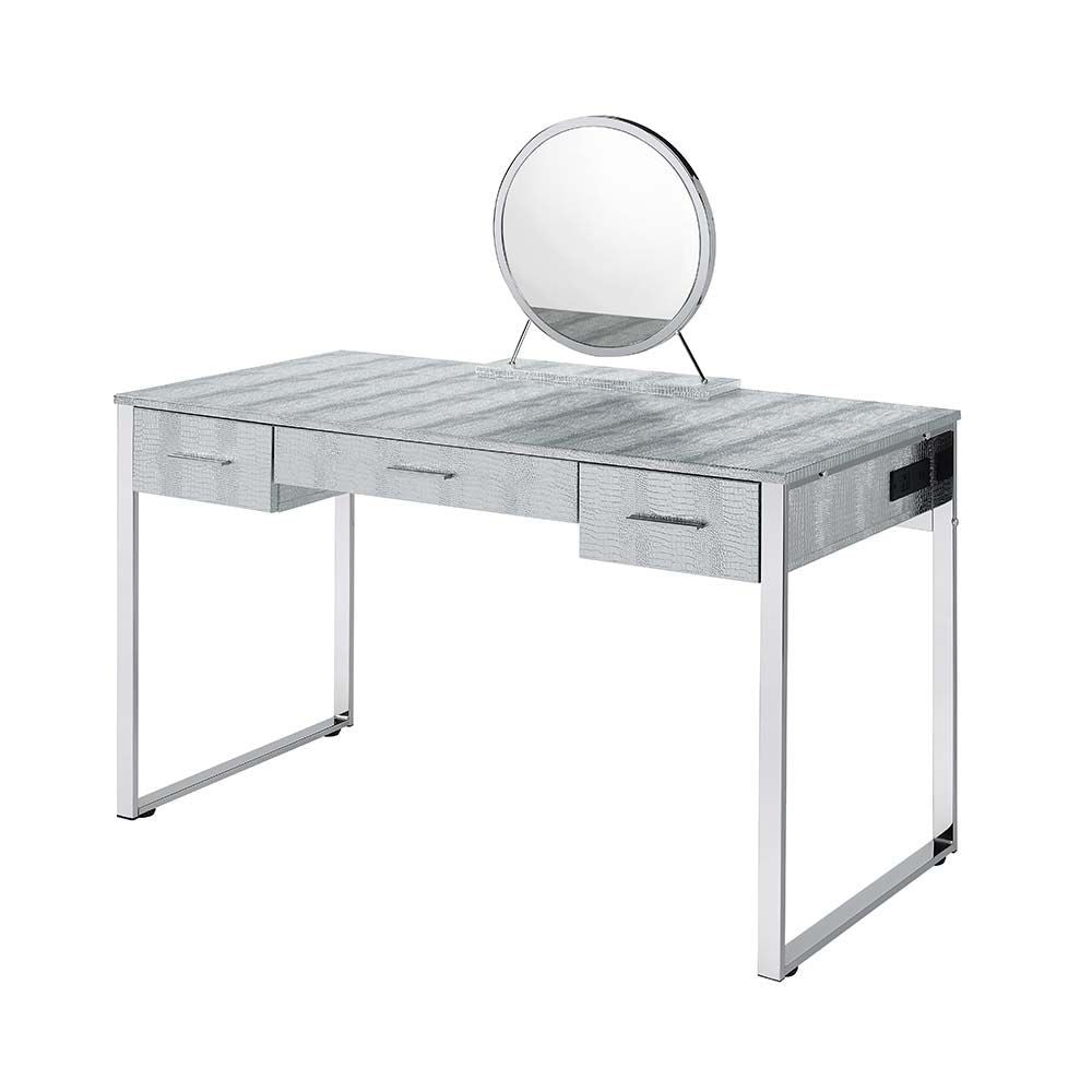 San 50 Inch Textured Vanity Desk with Round Mirror, Metal Sled Base, Chrome - BM274659