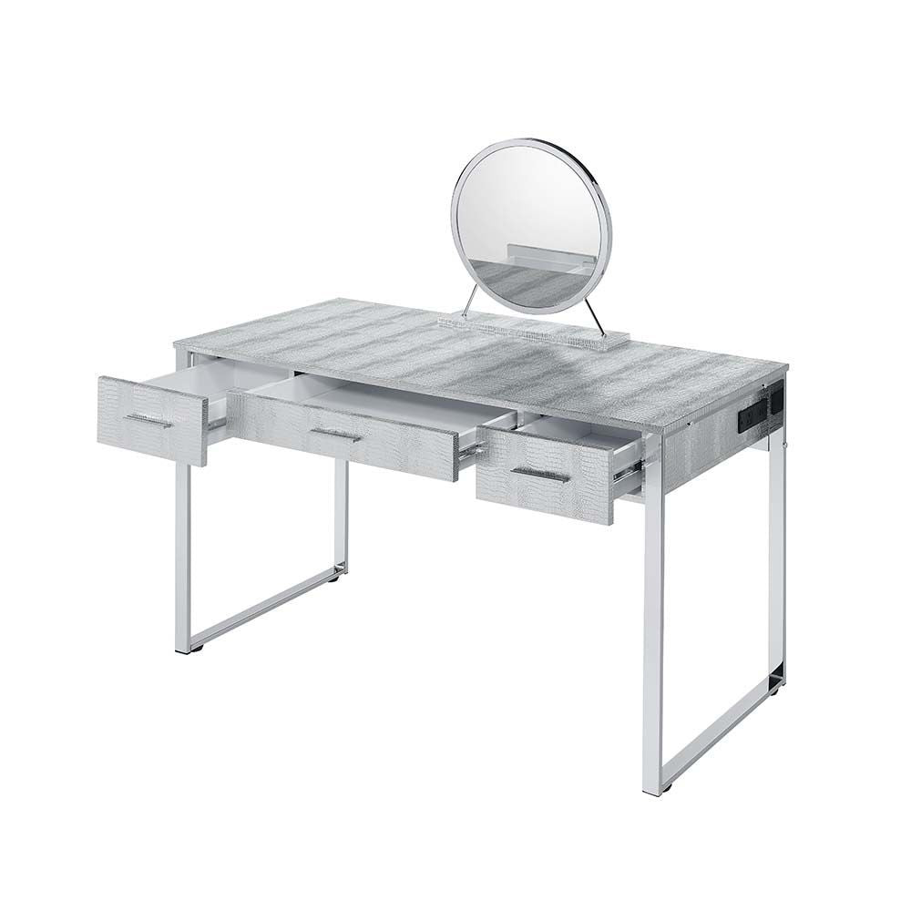San 50 Inch Textured Vanity Desk with Round Mirror, Metal Sled Base, Chrome - BM274659