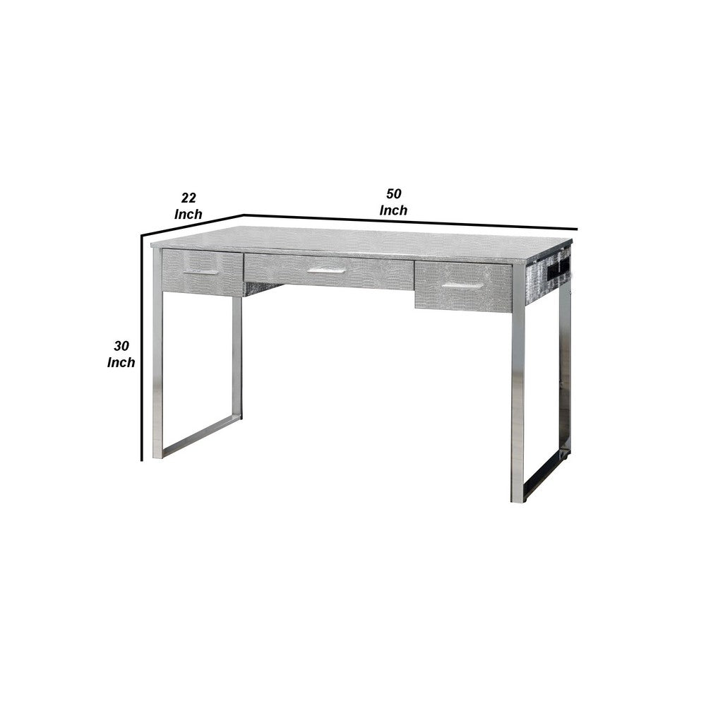San 50 Inch Textured Vanity Desk with Round Mirror, Metal Sled Base, Chrome - BM274659
