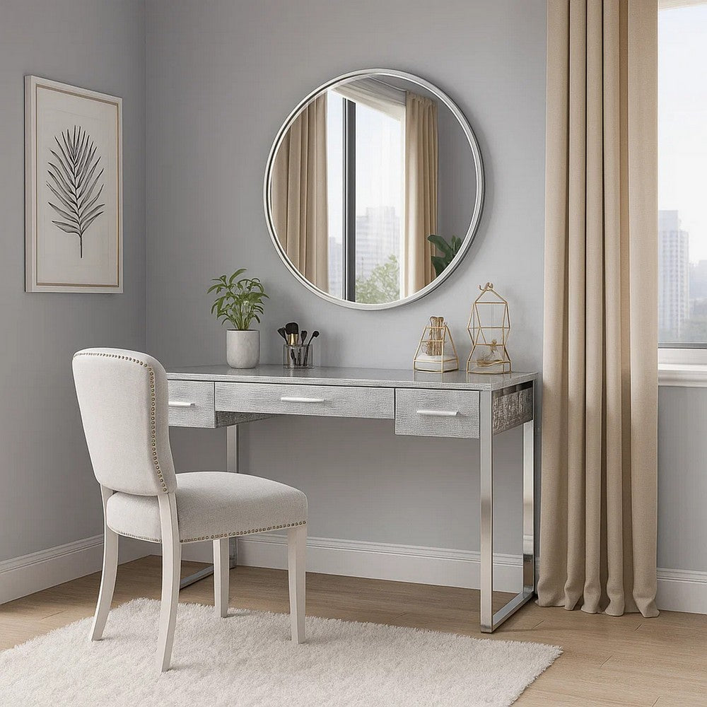 San 50 Inch Textured Vanity Desk with Round Mirror, Metal Sled Base, Chrome - BM274659