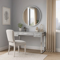San 50 Inch Textured Vanity Desk with Round Mirror, Metal Sled Base, Chrome - BM274659