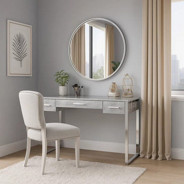 San 50 Inch Textured Vanity Desk with Round Mirror, Metal Sled Base, Chrome - BM274659