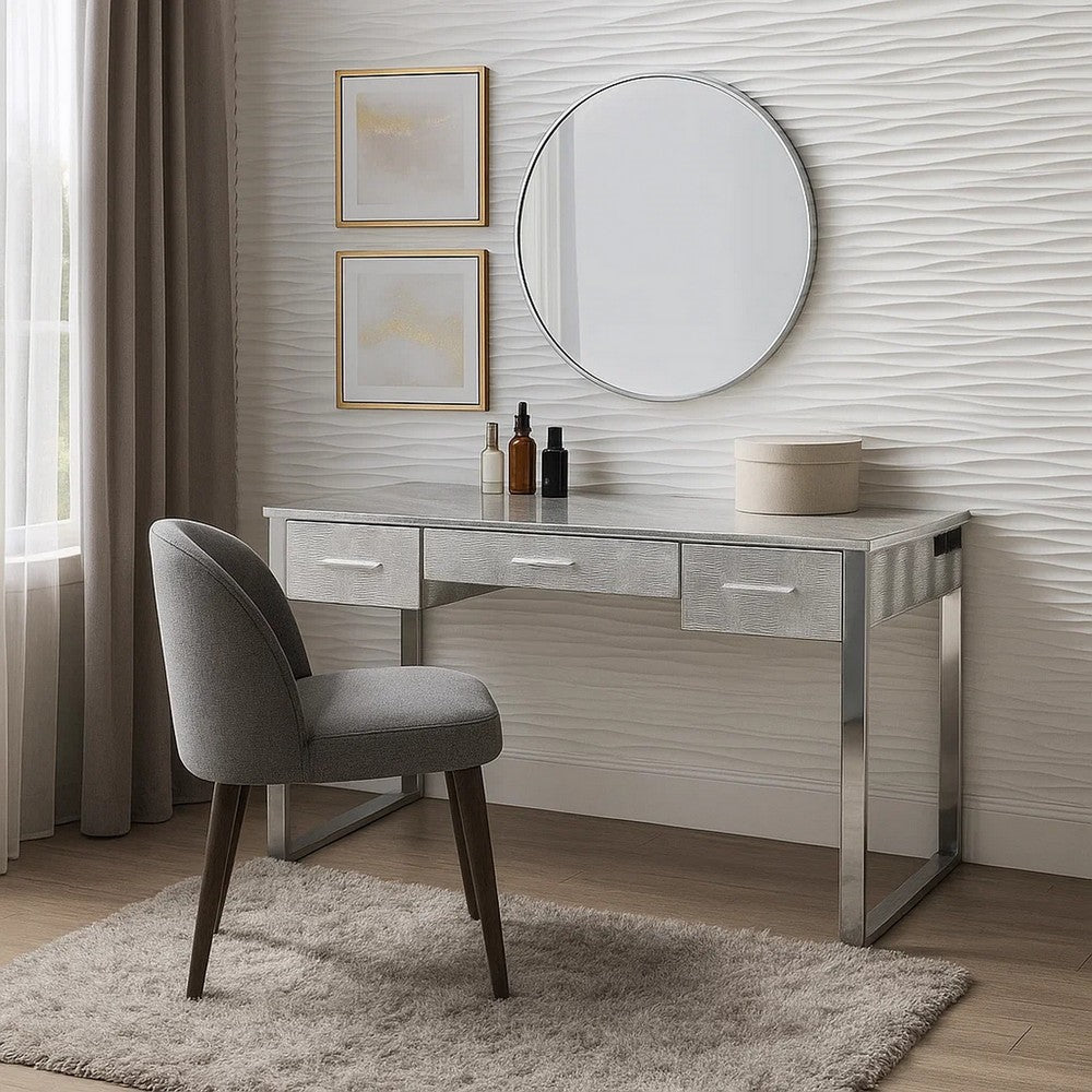 San 50 Inch Textured Vanity Desk with Round Mirror, Metal Sled Base, Chrome - BM274659