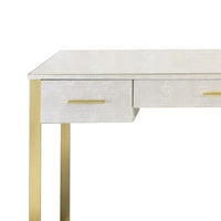 San 50 Inch Textured Vanity Desk with Round Mirror, Gold Sled Base, White - BM274660