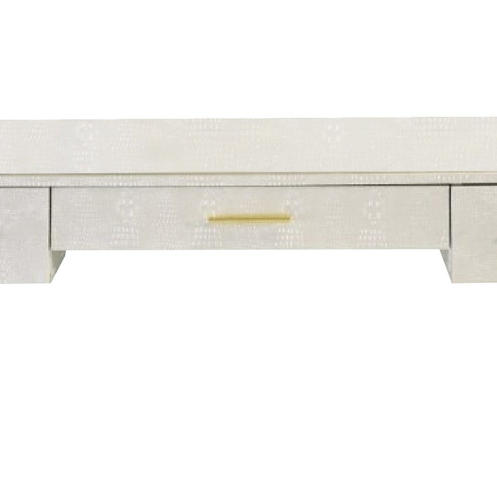 San 50 Inch Textured Vanity Desk with Round Mirror, Gold Sled Base, White - BM274660