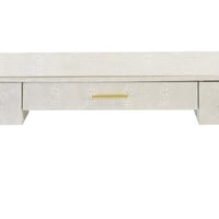 San 50 Inch Textured Vanity Desk with Round Mirror, Gold Sled Base, White - BM274660