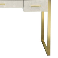 San 50 Inch Textured Vanity Desk with Round Mirror, Gold Sled Base, White - BM274660
