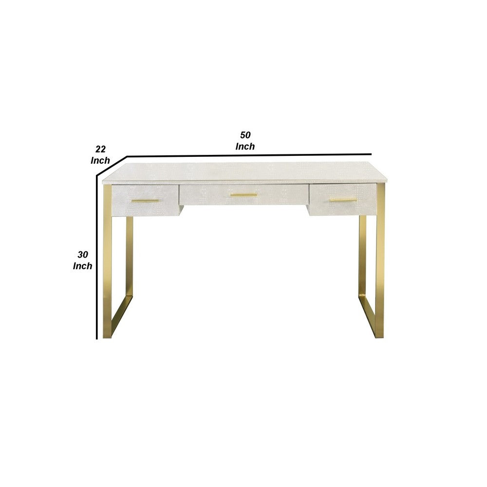 San 50 Inch Textured Vanity Desk with Round Mirror, Gold Sled Base, White - BM274660