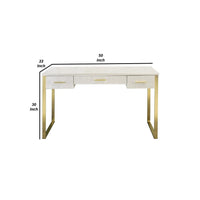 San 50 Inch Textured Vanity Desk with Round Mirror, Gold Sled Base, White - BM274660