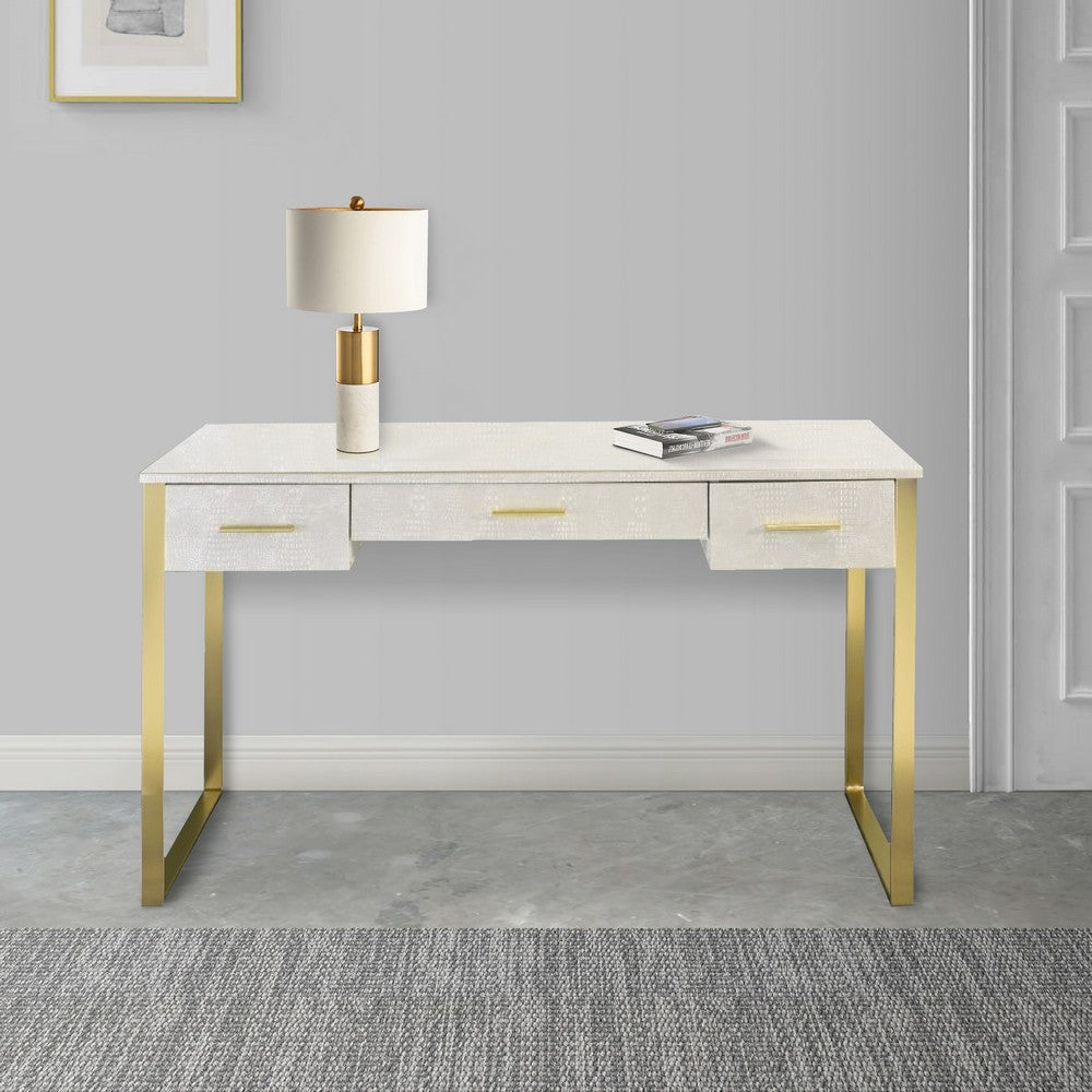 San 50 Inch Textured Vanity Desk with Round Mirror, Gold Sled Base, White - BM274660