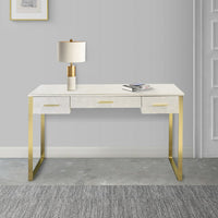 San 50 Inch Textured Vanity Desk with Round Mirror, Gold Sled Base, White - BM274660