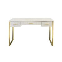 San 50 Inch Textured Vanity Desk with Round Mirror, Gold Sled Base, White - BM274660