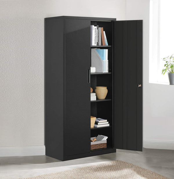 71 Inch 2 Door Storage Cabinet, 4 Adjustable Shelves, Powder Coated Black - BM275040