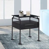 23 Inch Metal Nightstand Side Table, Tempered Glass, Industrial, Dark Gray - BM275046