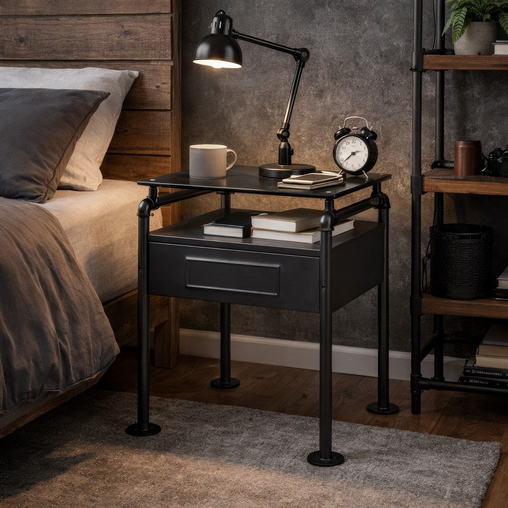 23 Inch Metal Nightstand Side Table, Tempered Glass, Industrial, Dark Gray - BM275046