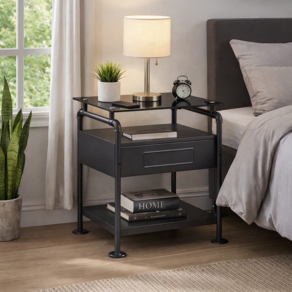 23 Inch Metal Nightstand Side Table, Tempered Glass, Industrial, Dark Gray - BM275046