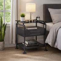 23 Inch Metal Nightstand Side Table, Tempered Glass, Industrial, Dark Gray - BM275046