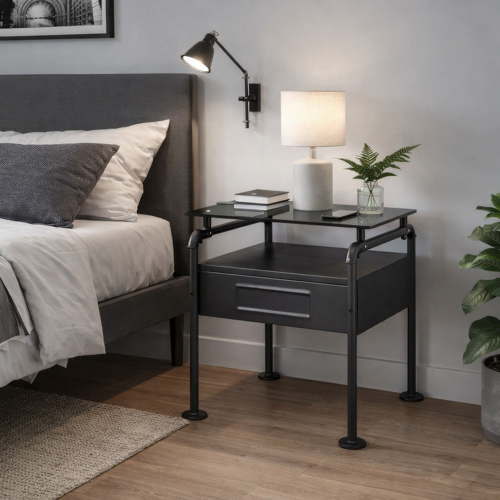 23 Inch Metal Nightstand Side Table, Tempered Glass, Industrial, Dark Gray - BM275046