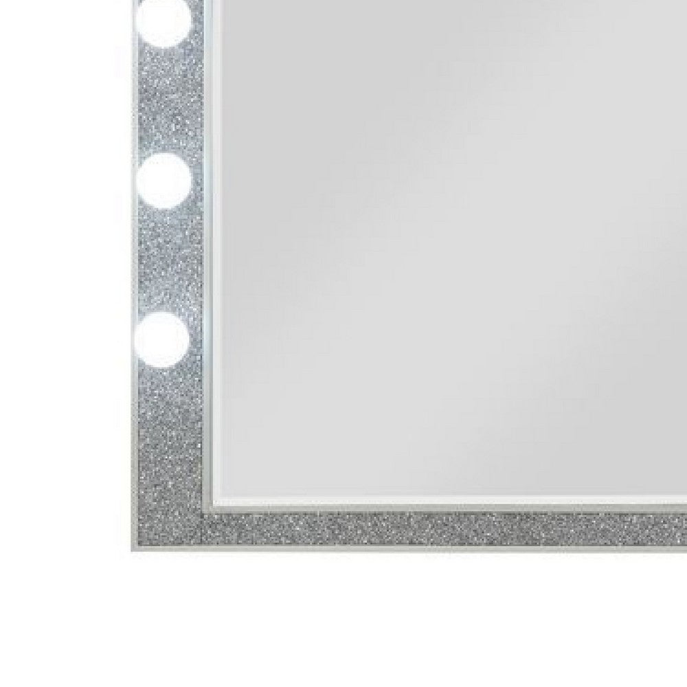 41 Inch Wall Mirror, Faux Crystals Inlay, 8 Bulb Sockets, Silver - BM275048