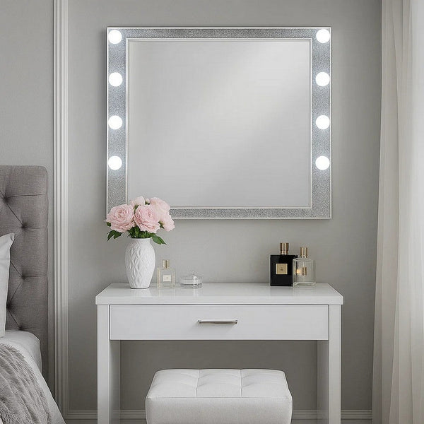 41 Inch Wall Mirror, Faux Crystals Inlay, 8 Bulb Sockets, Silver - BM275048