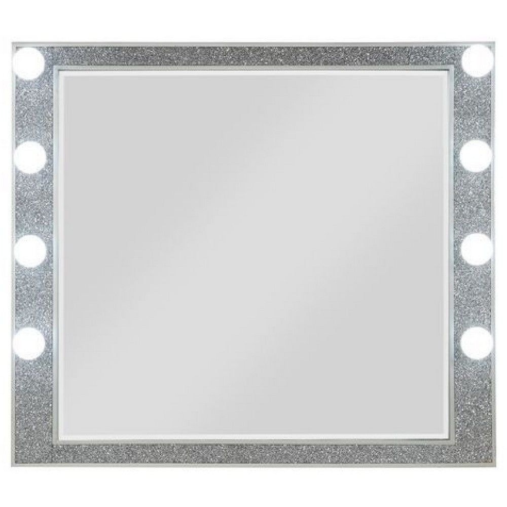 41 Inch Wall Mirror, Faux Crystals Inlay, 8 Bulb Sockets, Silver - BM275048